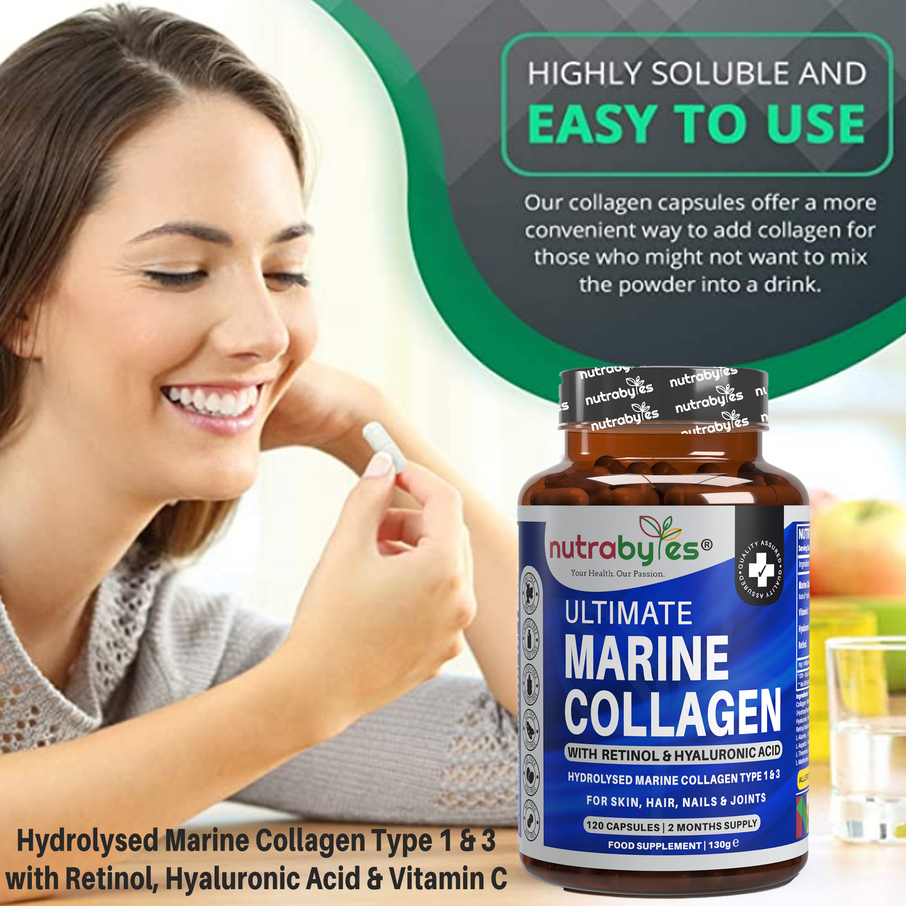 This image shows a lady smiling with a marine collagen supplement in her hand and additionally there is a bottle of marine collagen supplements.