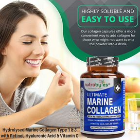 This image shows a lady smiling with a marine collagen supplement in her hand and additionally there is a bottle of marine collagen supplements.