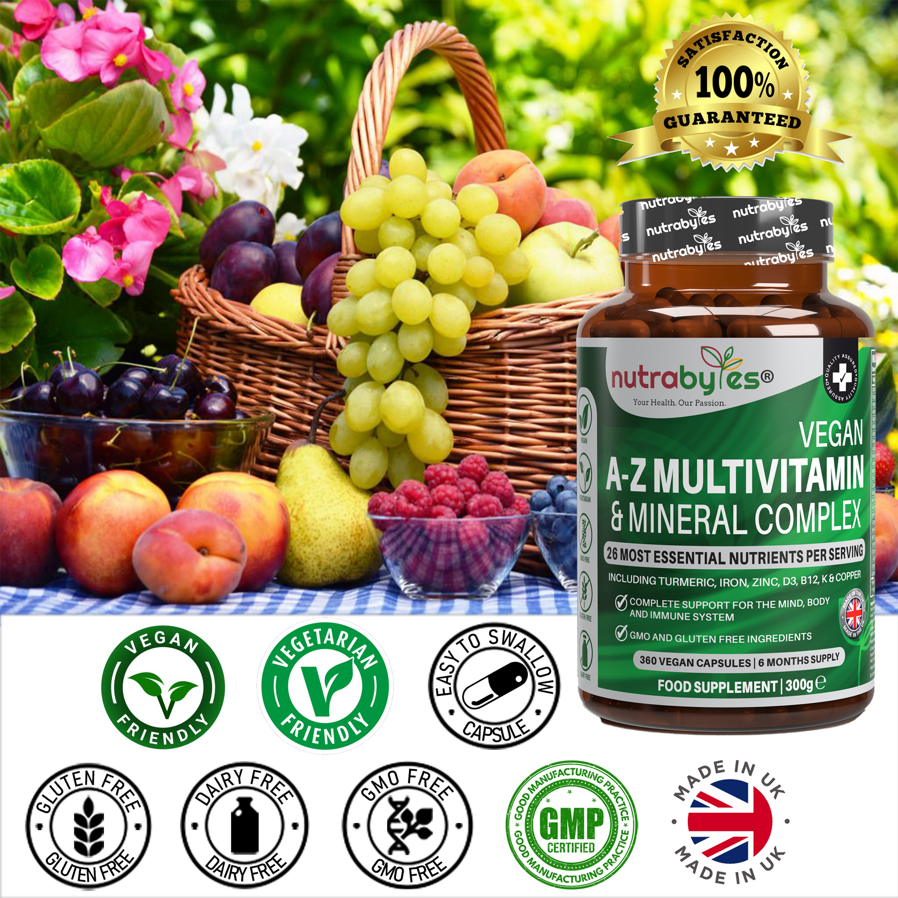 Vegan A-Z Multivitamin & Mineral Complex (26 Essential Nutrients), 360 Capsules (6 months) | Healthy Mind, Body and Immune System | Made in the UK