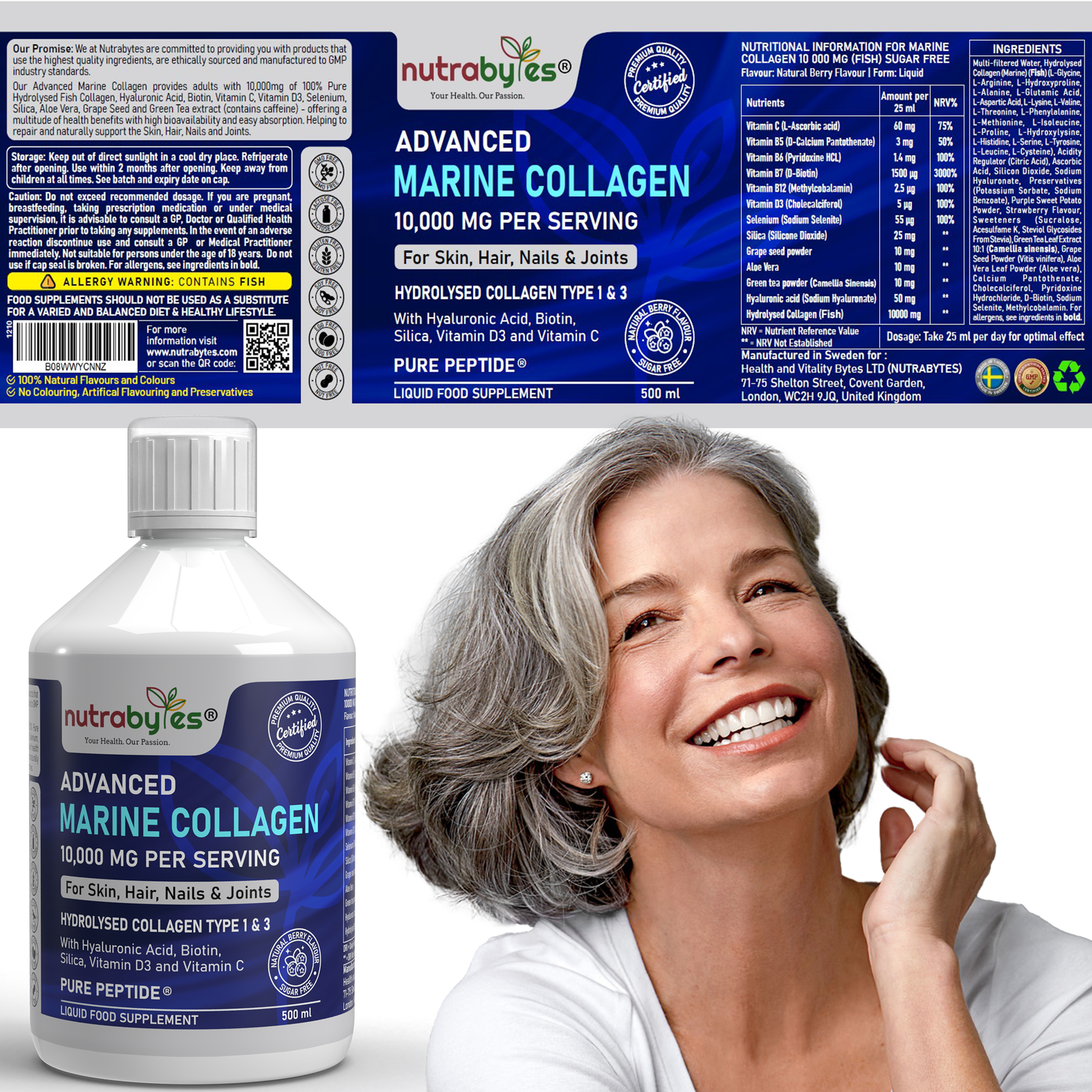 Liquid Marine Collagen 10,000mg with Hyaluronic Acid, Biotin, Silica, Vitamin C and D3, Sugar Free (Collagen Types 1 and 3) (2 Pack)
