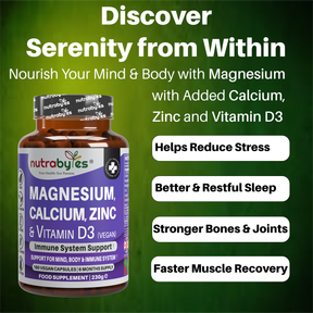 Magnesium, Calcium, Zinc & Vitamin D3 (Vegan D3) - Advanced Immunity Support, 6 Months Supply | Made in the UK