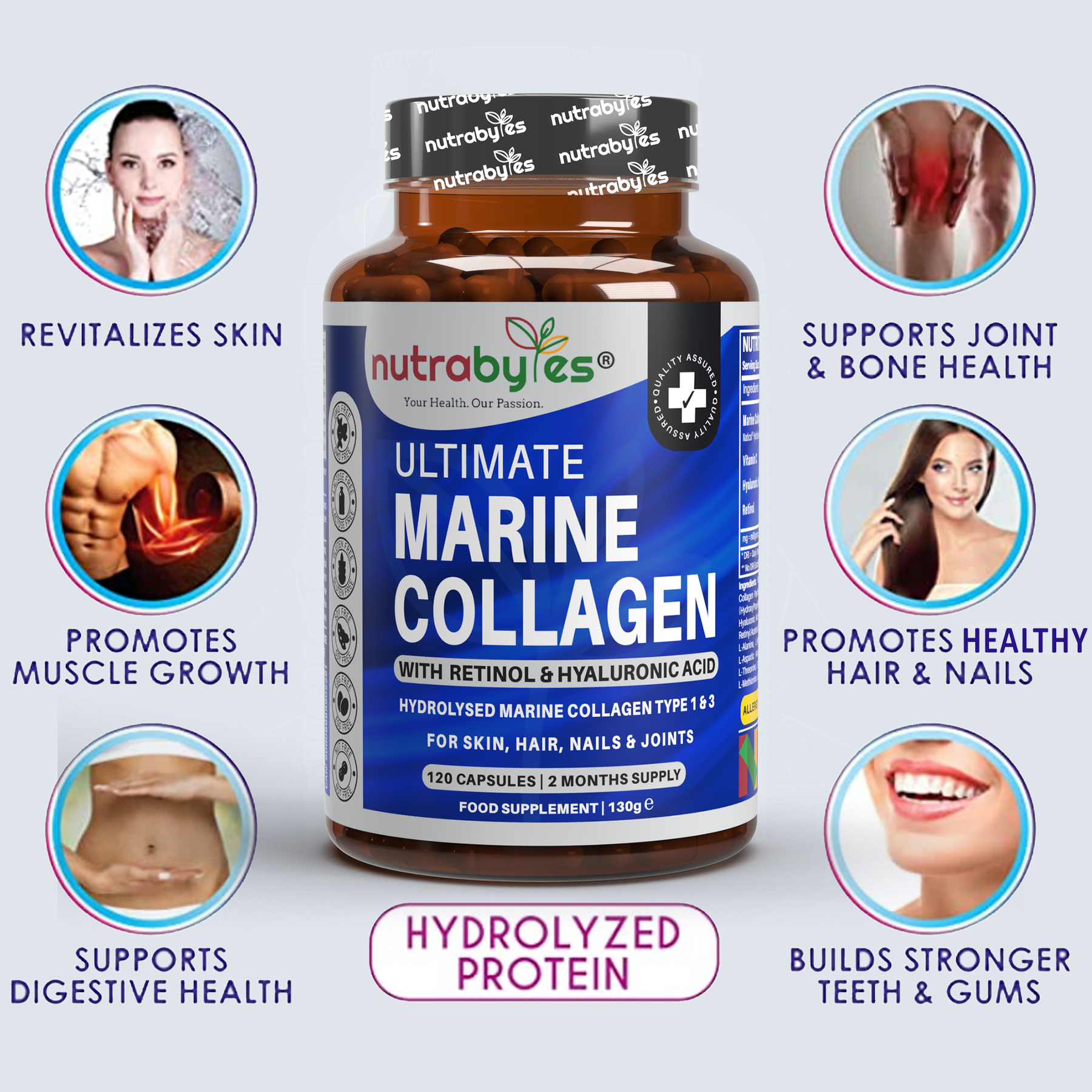 this image shows the benefits of using the marine collagen supplements. 