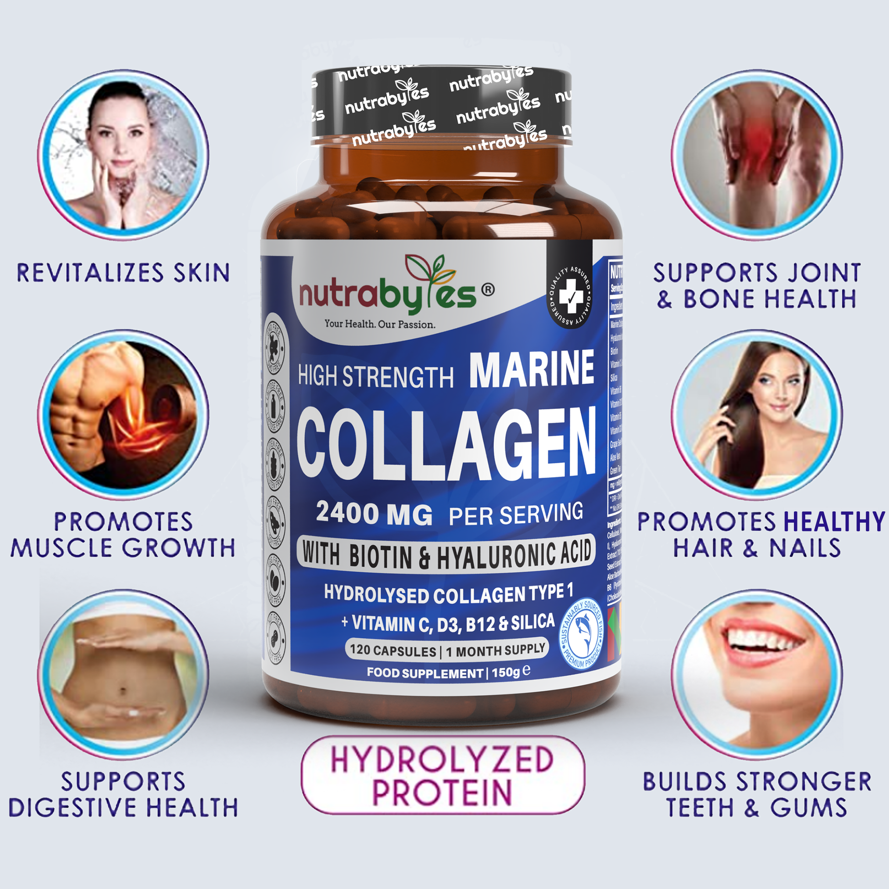 This image shows all the benefits of using Nutrabytes - High Strength Marine Collagen 2400mg with Biotin & Hyaluronic Acid supplements.