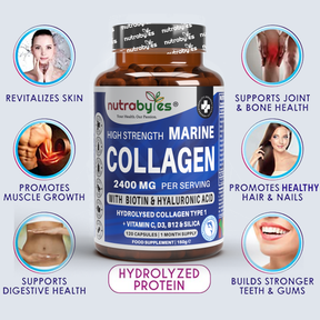 This image shows all the benefits of using Nutrabytes - High Strength Marine Collagen 2400mg with Biotin & Hyaluronic Acid supplements.