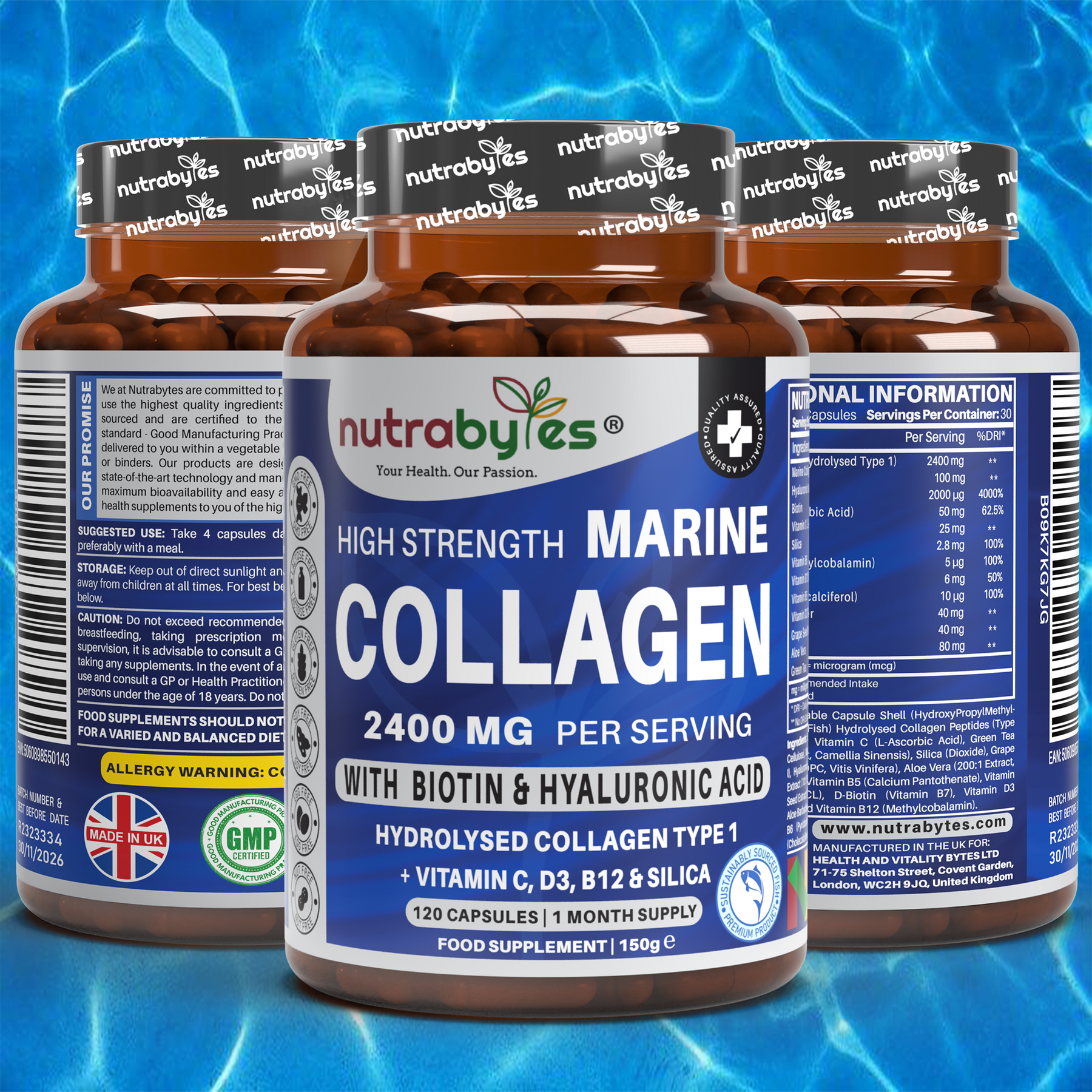 This image shows 3 plastic container containing nutrabytes marine collagen supplements and the list of ingredients that are used to make the supplements.