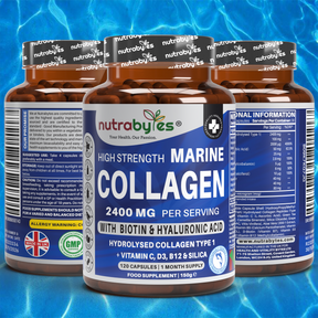 This image shows 3 plastic container containing nutrabytes marine collagen supplements and the list of ingredients that are used to make the supplements.