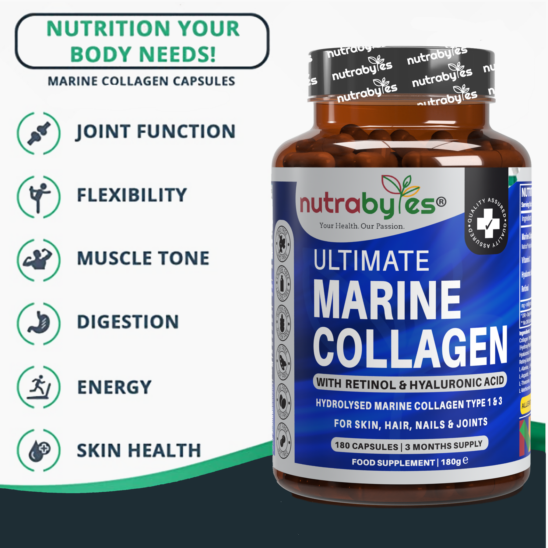 Ultimate Marine Collagen Supplement with Retinol, Hyaluronic Acid & Vitamin C | 180 Capsules - 3 Months Supply | Collagen Type 1 & 3 | Made in UK