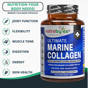 Ultimate Marine Collagen Supplement with Retinol, Hyaluronic Acid & Vitamin C | 60 Capsules - 1 Month Supply | Collagen Type 1 & 3 | Made in UK