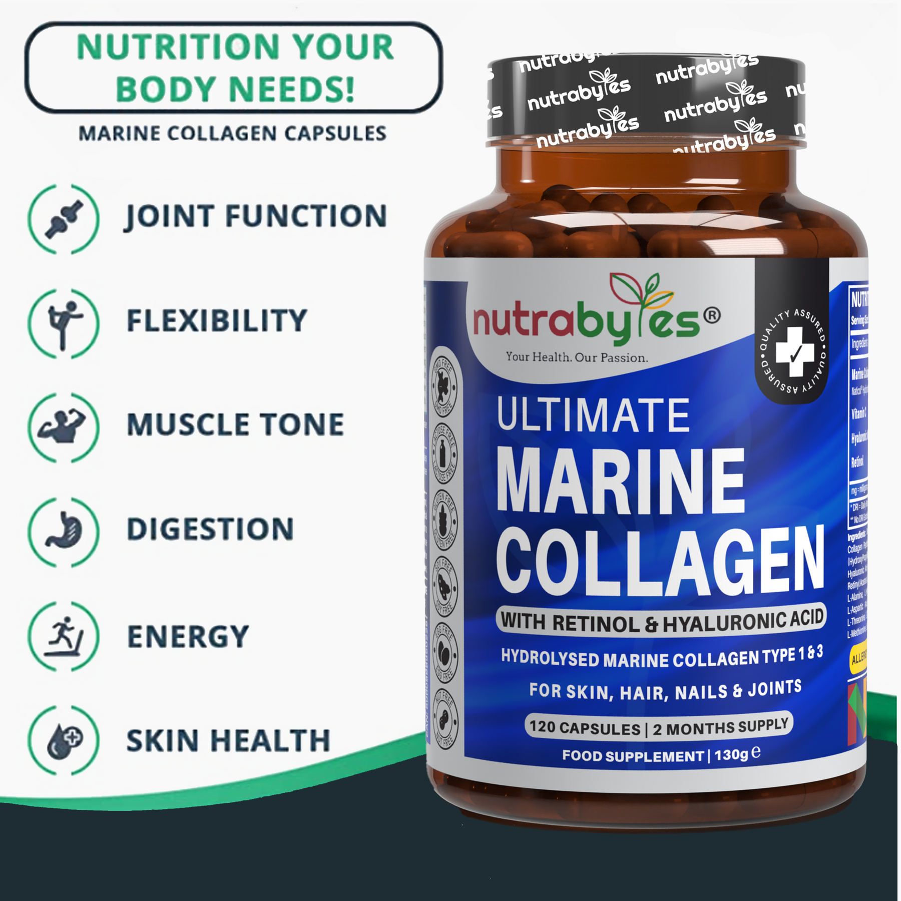 This images shows a bottle of ultimate marine collagen supplements and the benefits of using it.