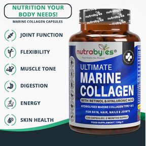 This images shows a bottle of ultimate marine collagen supplements and the benefits of using it.