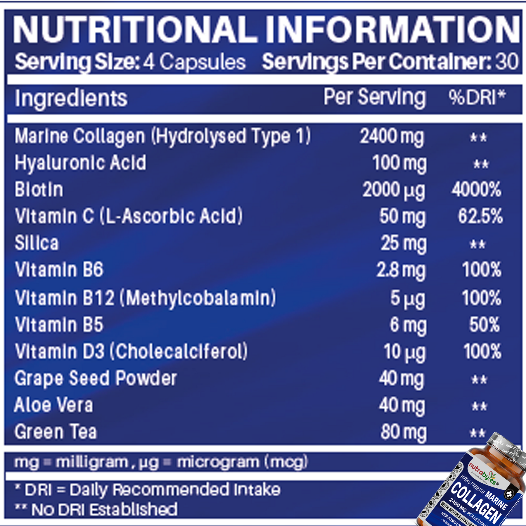 This image shows all the nutritional information of High Strength Marine Collagen Supplements.