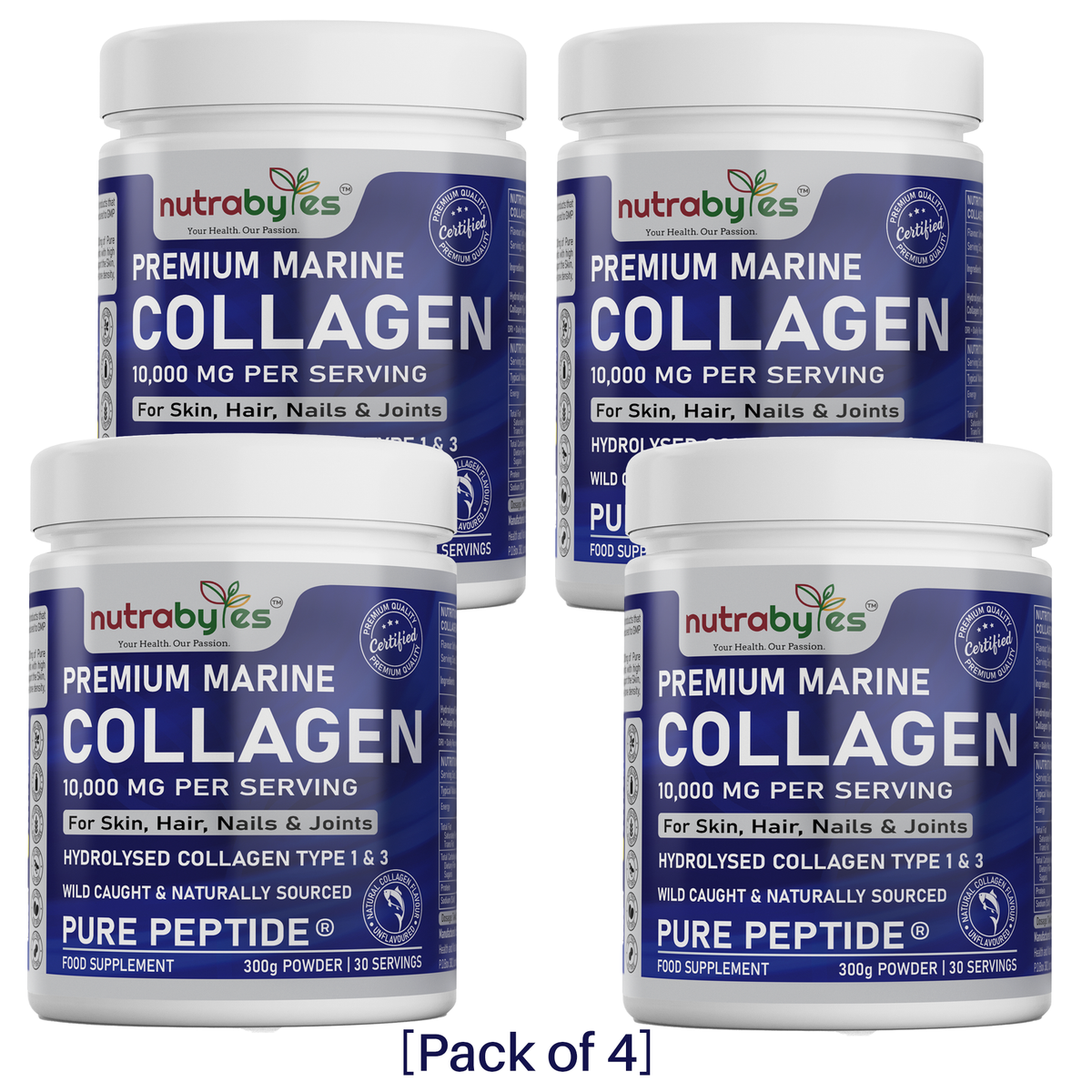 Premium Marine Collagen Powder 10,000mg Pure Hydrolysed Peptides, 19 Amino Acids, Unflavoured (Collagen Types 1 and 3) (4 Pack)