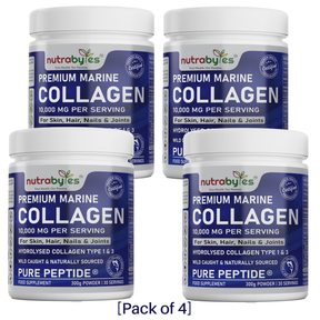 Premium Marine Collagen Powder 10,000mg Pure Hydrolysed Peptides, 19 Amino Acids, Unflavoured (Collagen Types 1 and 3) (4 Pack)