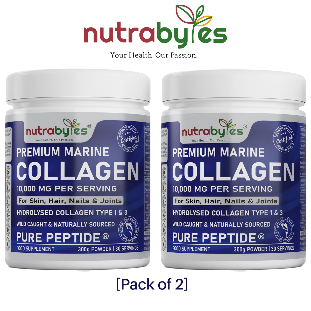 Premium Marine Collagen Powder 10,000mg Pure Hydrolysed Peptides, 19 Amino Acids, Unflavoured (Collagen Types 1 and 3) (2 Pack)