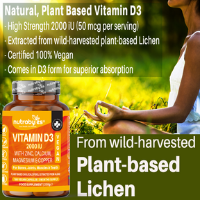 Vegan Vitamin D3 2000 IU with Calcium, Magnesium, Zinc & Copper | 180 capsules, 3 months supply | Made in the UK