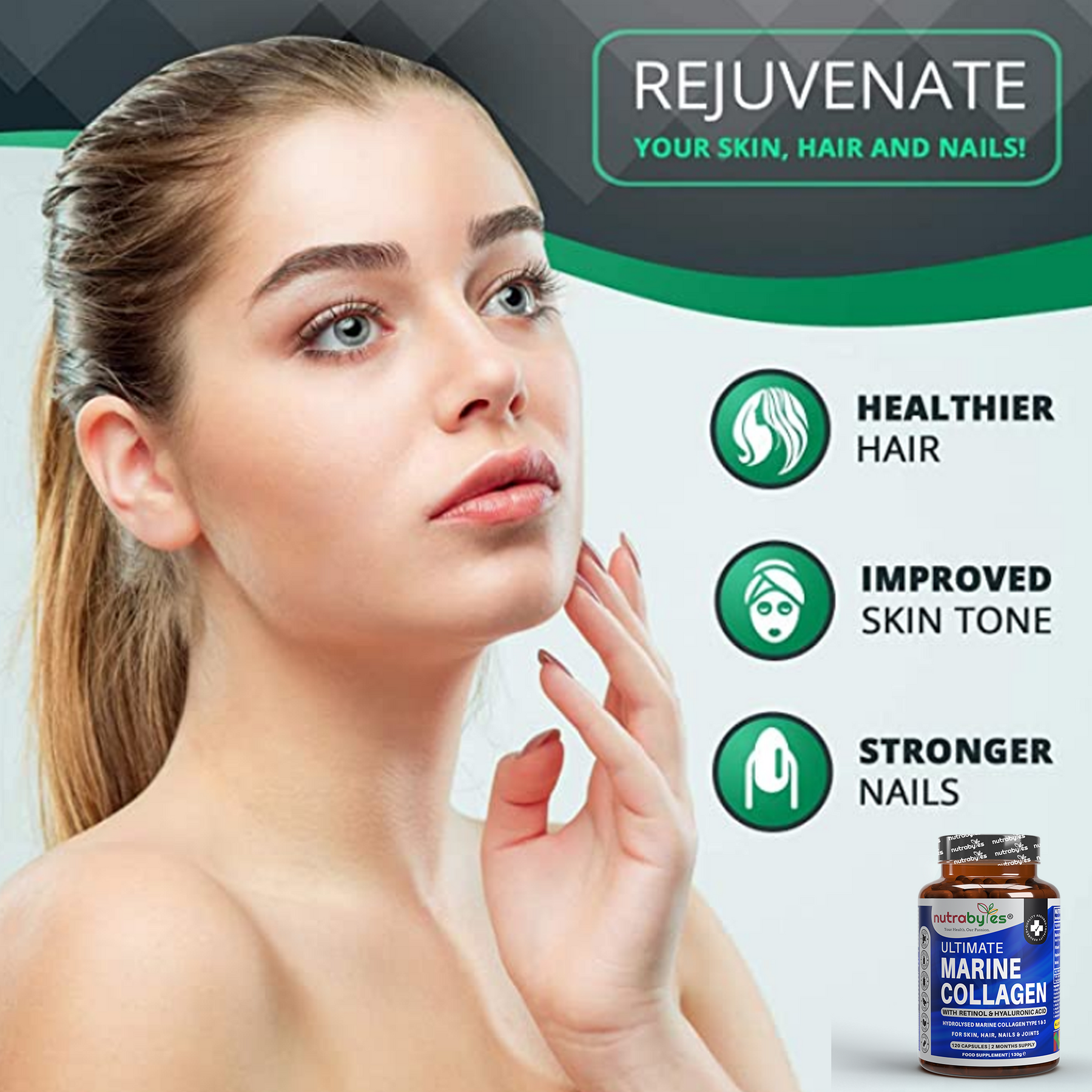 This image shows a lady and the hair benefits after using the marine collagen supplements.