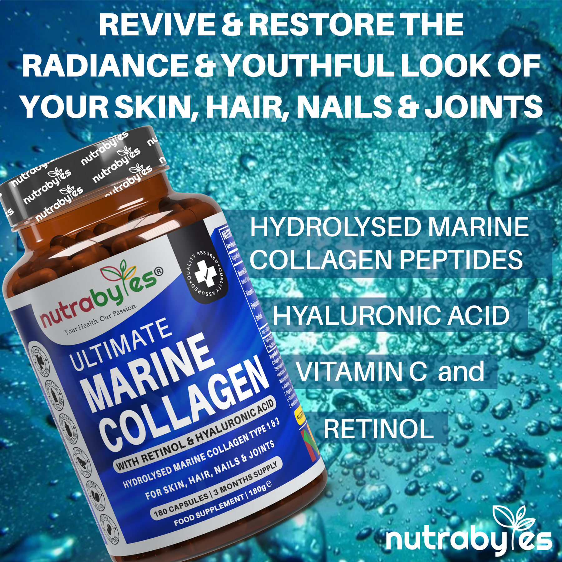 Ultimate Marine Collagen Supplement with Retinol, Hyaluronic Acid & Vitamin C | 180 Capsules - 3 Months Supply | Collagen Type 1 & 3 | Made in UK