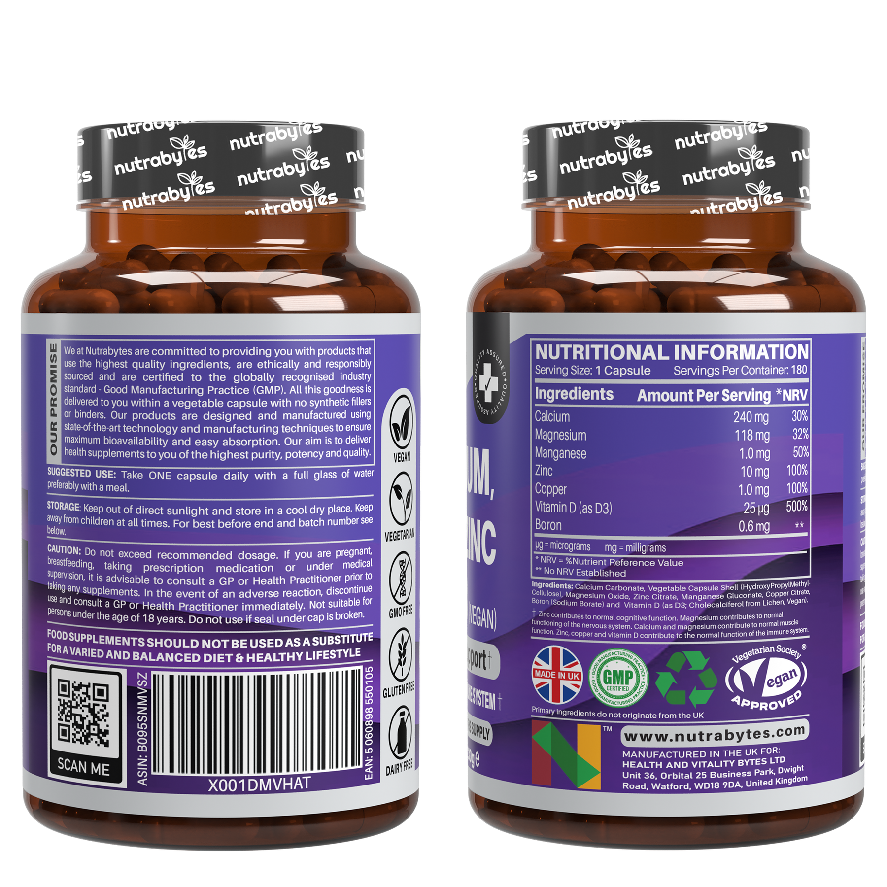 Magnesium, Calcium, Zinc & Vitamin D3 (Vegan D3) - Advanced Immunity Support, 6 Months Supply | Made in the UK
