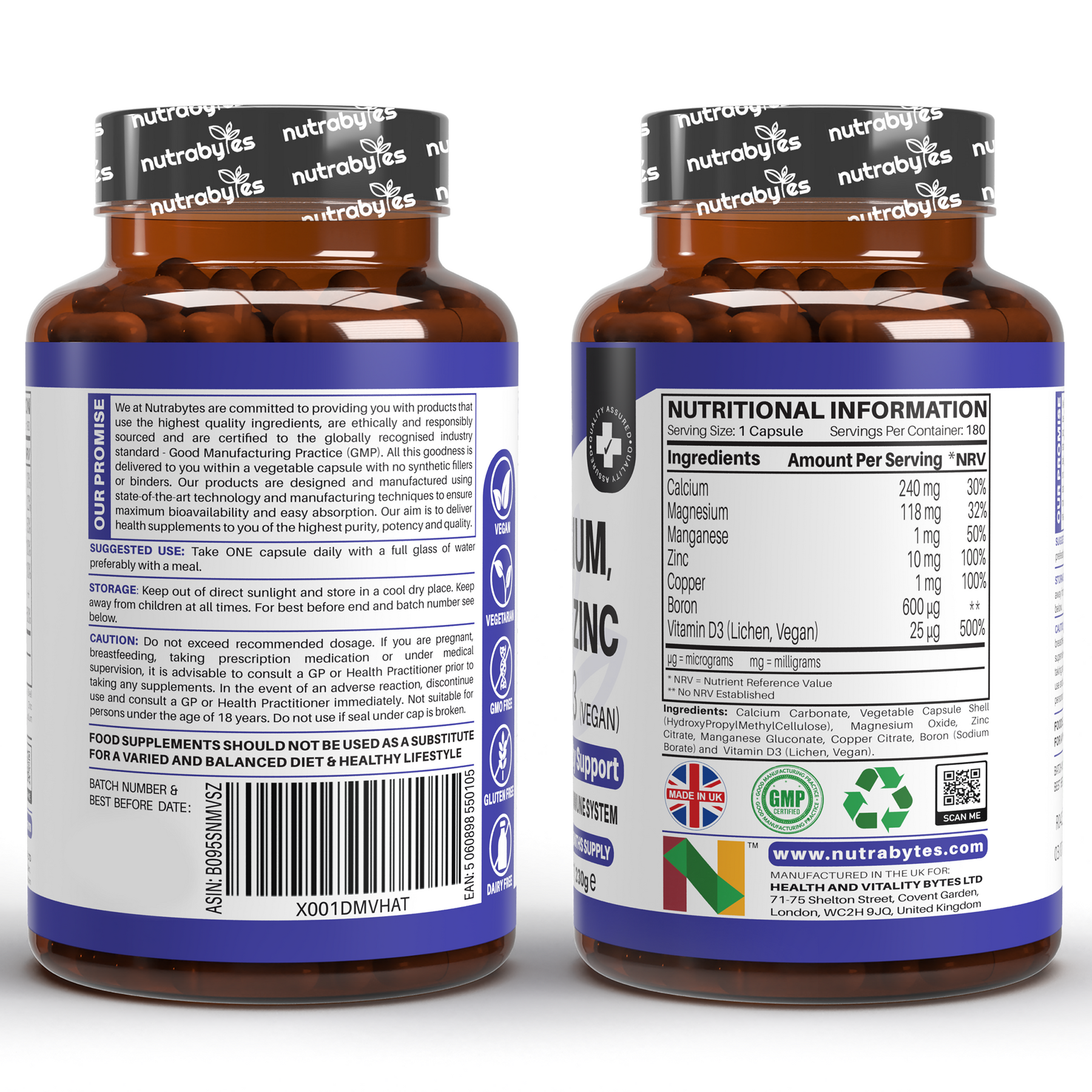 This image contains a plastic bottle containing the list of ingredients used for making magnesium, calcium, zinc and vitamin D3 (vegan) advanced immunity support supplements.