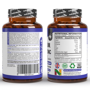 This image contains a plastic bottle containing the list of ingredients used for making magnesium, calcium, zinc and vitamin D3 (vegan) advanced immunity support supplements.