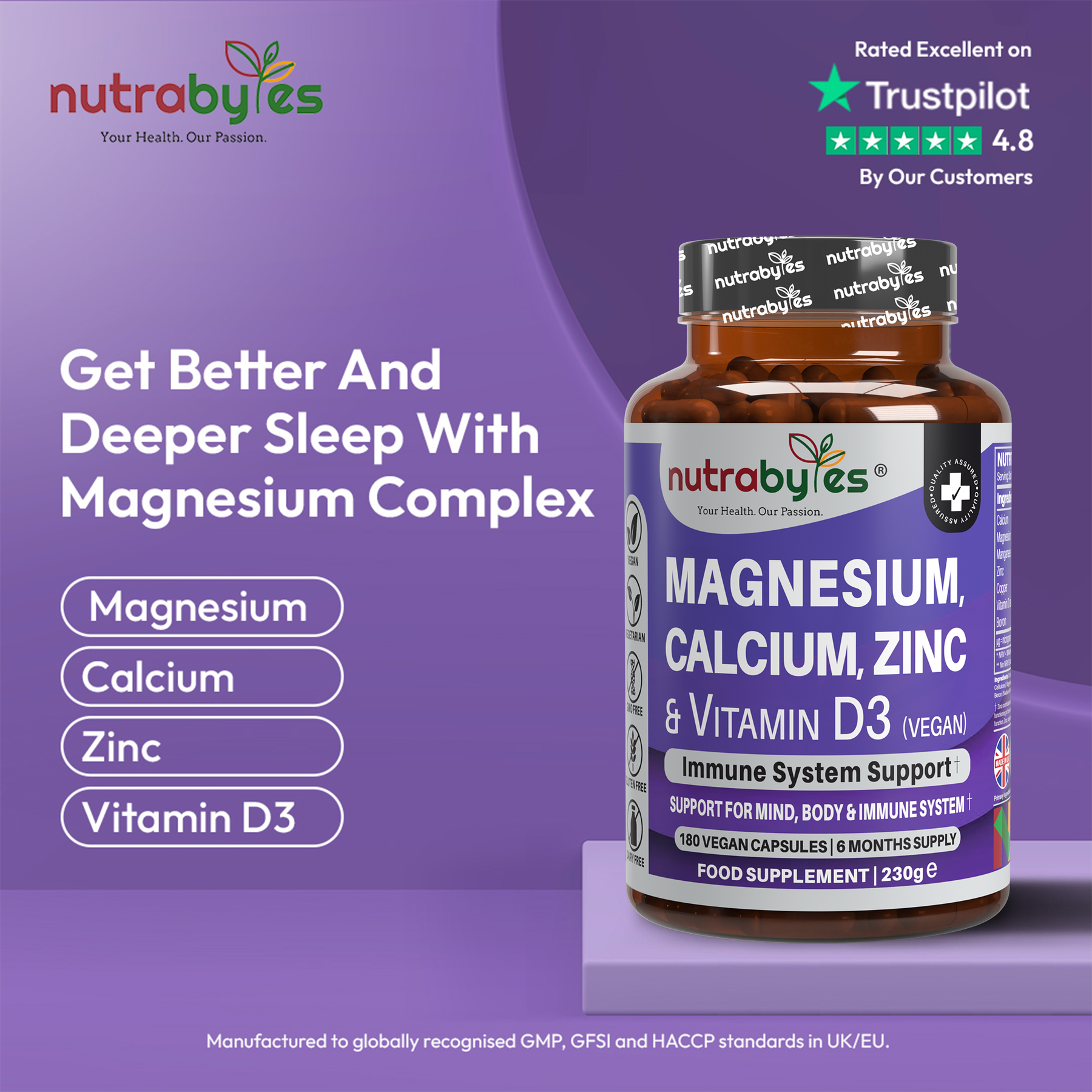 Magnesium, Calcium, Zinc & Vitamin D3 (Vegan D3) - Advanced Immunity Support, 6 Months Supply | Made in the UK