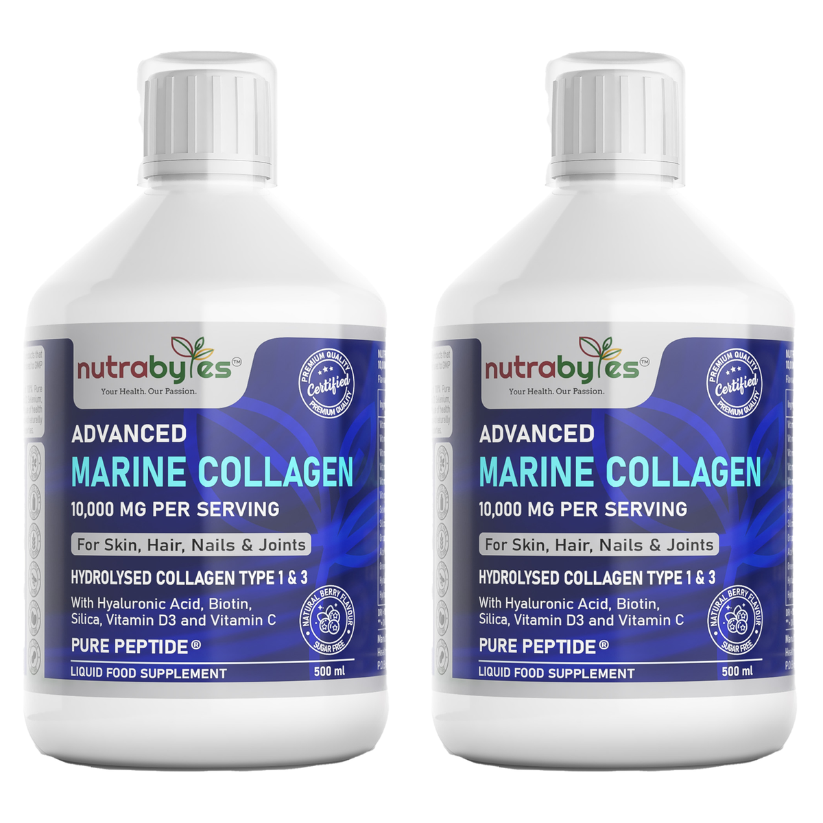 Liquid Marine Collagen 10,000mg with Hyaluronic Acid, Biotin, Silica, Vitamin C and D3, Sugar Free (Collagen Types 1 and 3) (2 Pack)