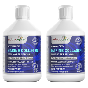 Liquid Marine Collagen 10,000mg with Hyaluronic Acid, Biotin, Silica, Vitamin C and D3, Sugar Free (Collagen Types 1 and 3) (2 Pack)