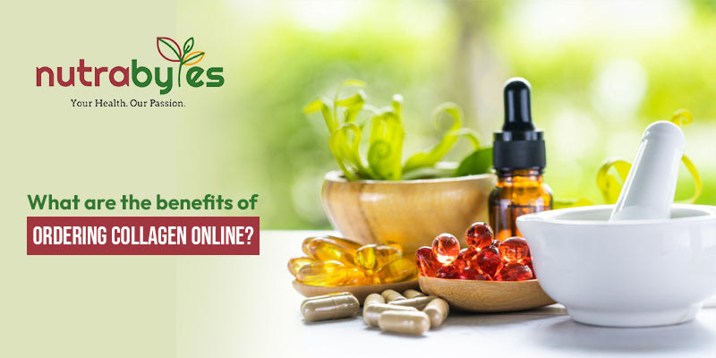 A representation of supplements in the background and in foreground there is a text about Ordering Collagen Online