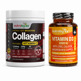 Gut Health Starter Bundle with Collagen and Vitamin C powder and Vitamin D3 mineral capsules side by side on white