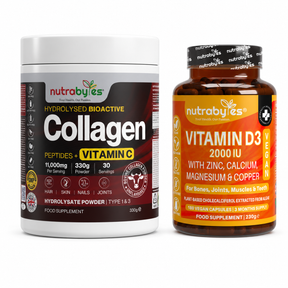 Gut Health Starter Bundle with Collagen and Vitamin C powder and Vitamin D3 mineral capsules side by side on white