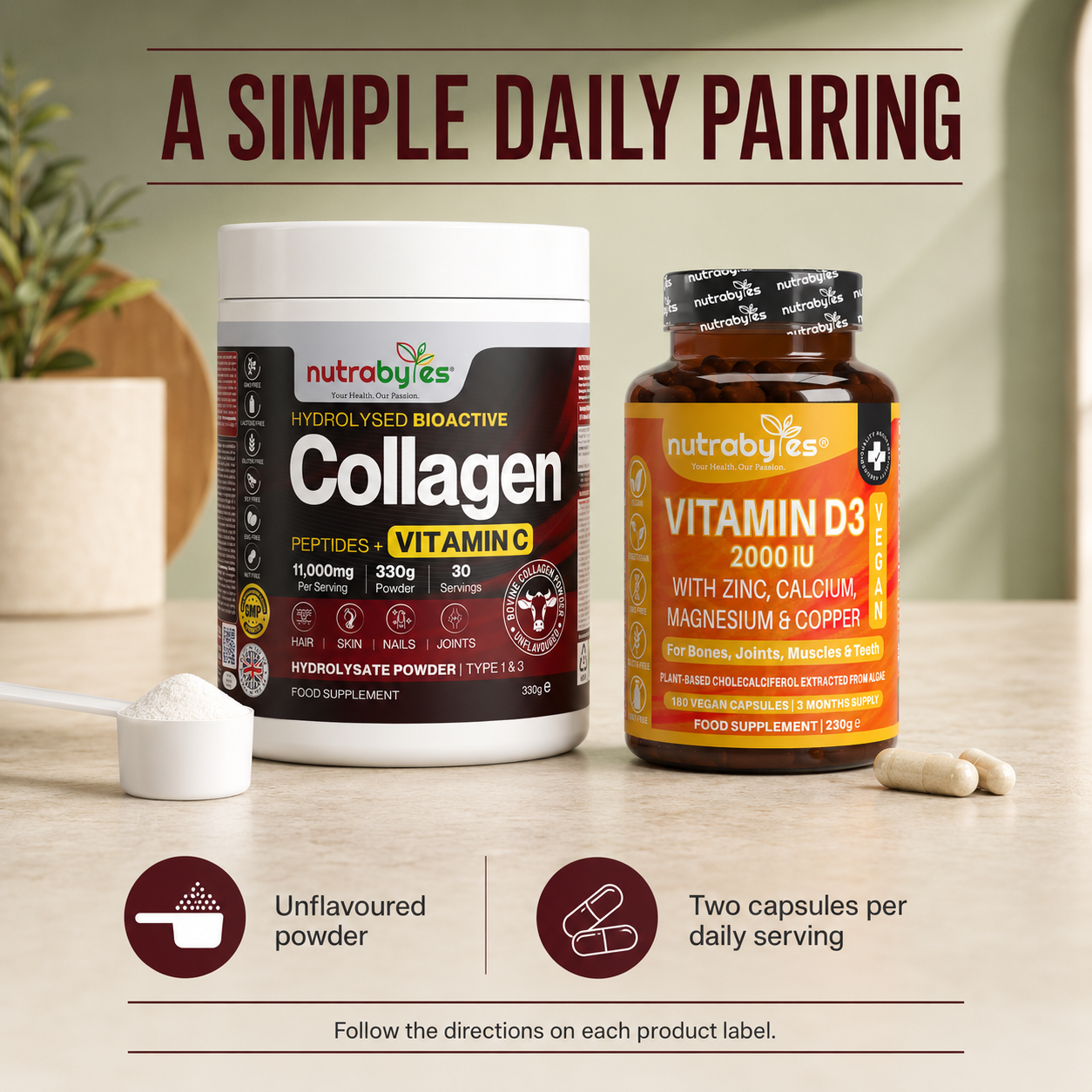 Simple daily pairing with unflavoured collagen powder and two capsules