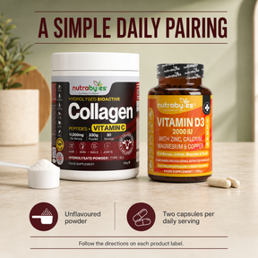 Simple daily pairing with unflavoured collagen powder and two capsules