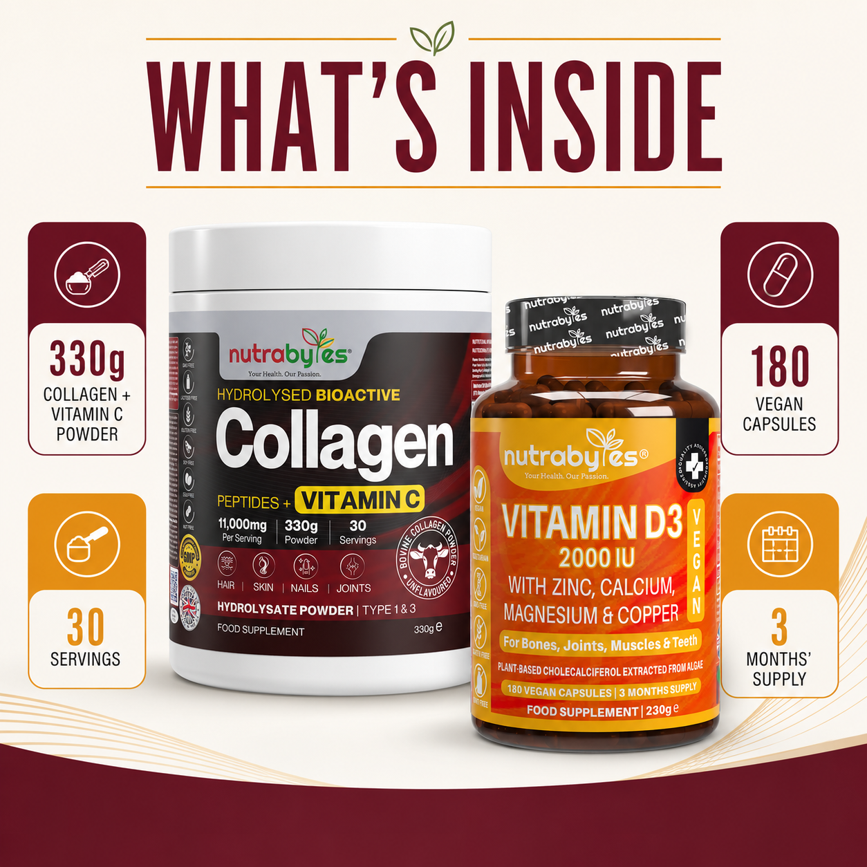 Bundle contents: 330g collagen and vitamin C powder plus 180 vegan mineral capsules