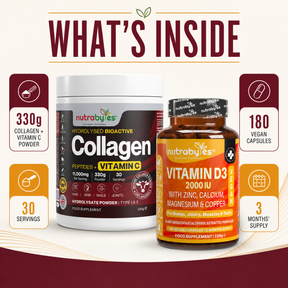 Bundle contents: 330g collagen and vitamin C powder plus 180 vegan mineral capsules