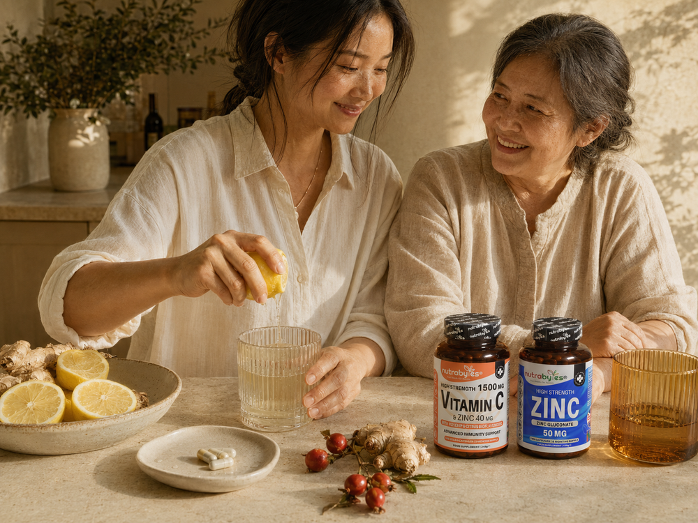 Two people preparing lemon water with Nutrabytes products for the immunity category