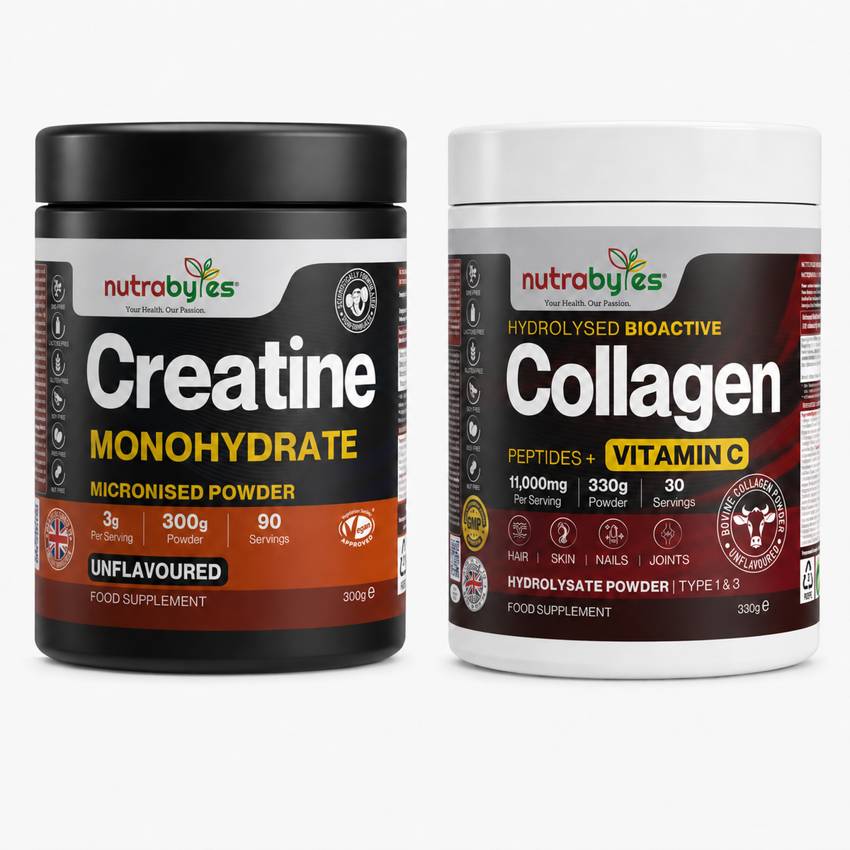 Nutrabytes Creatine Monohydrate and Collagen with Vitamin C side by side on a white background