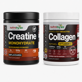 Nutrabytes Creatine Monohydrate and Collagen with Vitamin C side by side on a white background