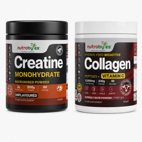 Nutrabytes Creatine Monohydrate and Collagen with Vitamin C side by side on a white background