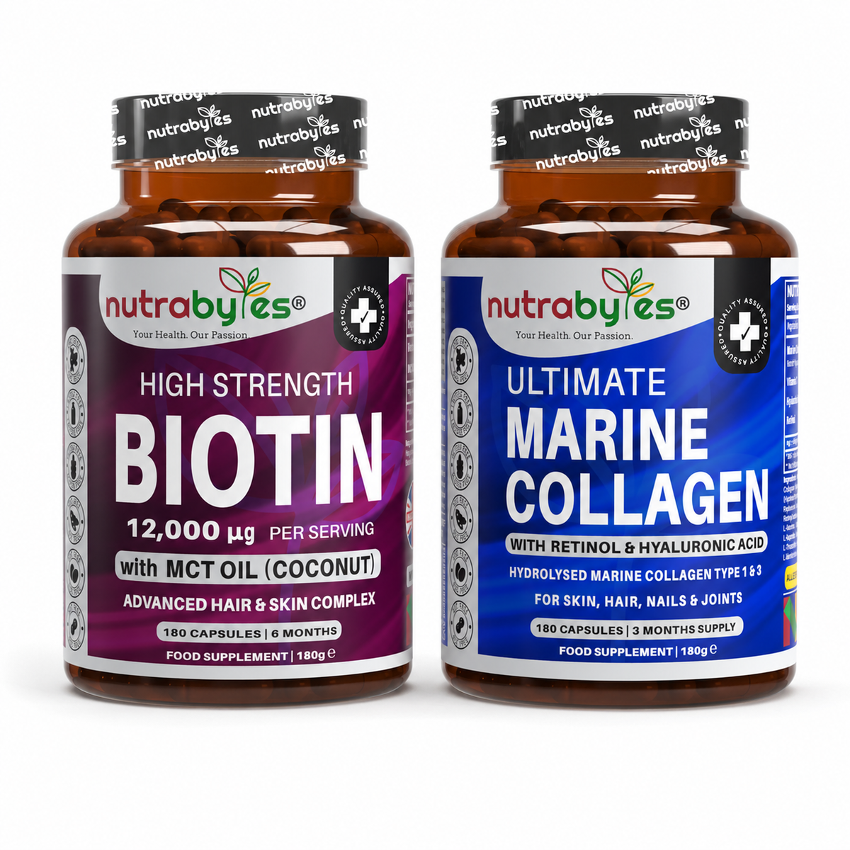 The Hair Health Bundle with Biotin and Ultimate Marine Collagen bottles on white