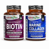 The Hair Health Bundle with Biotin and Ultimate Marine Collagen bottles on white