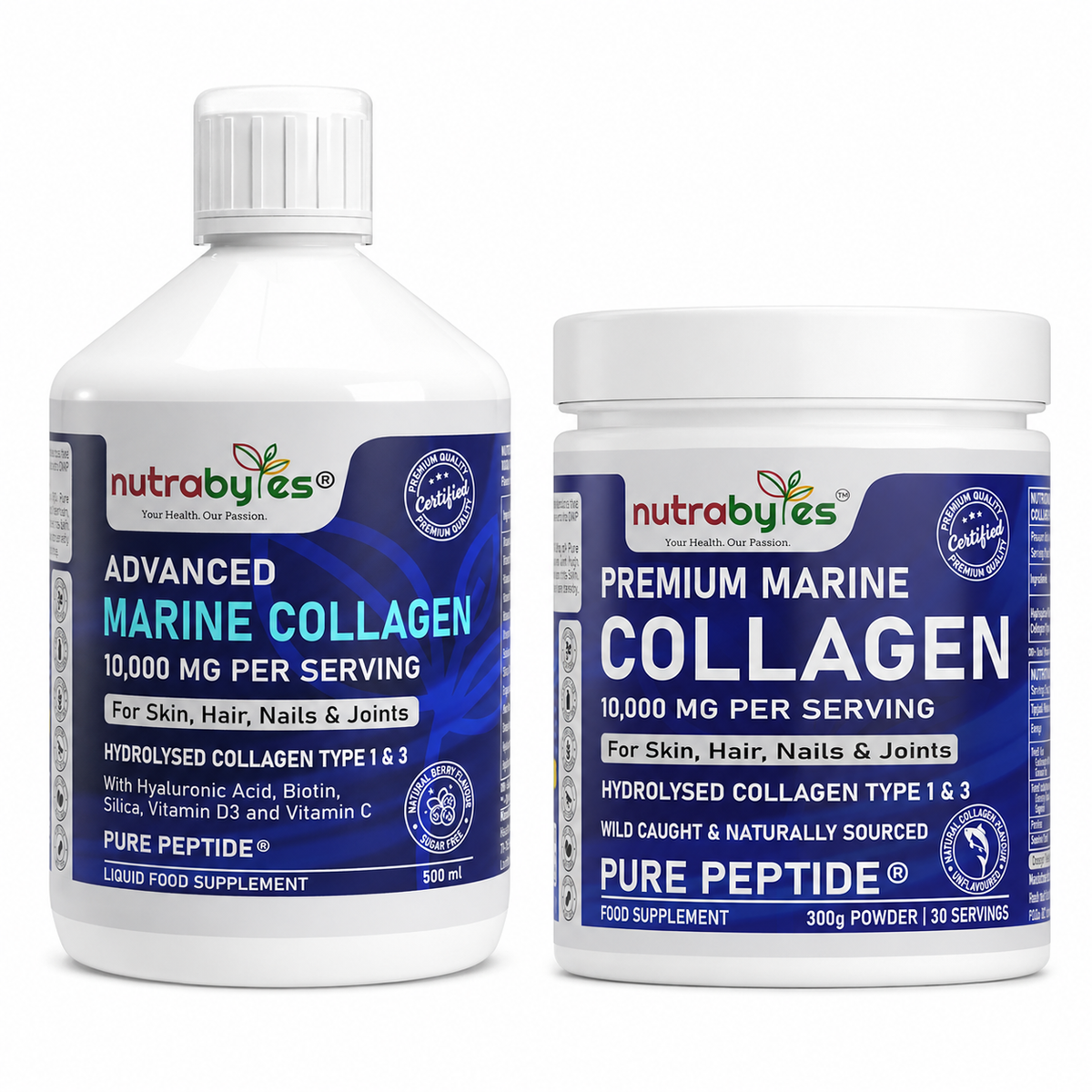 Nutrabytes Marine Collagen Liquid and Marine Collagen Powder side by side on a plain white background