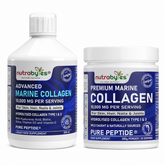 Nutrabytes Marine Collagen Liquid and Marine Collagen Powder side by side on a plain white background