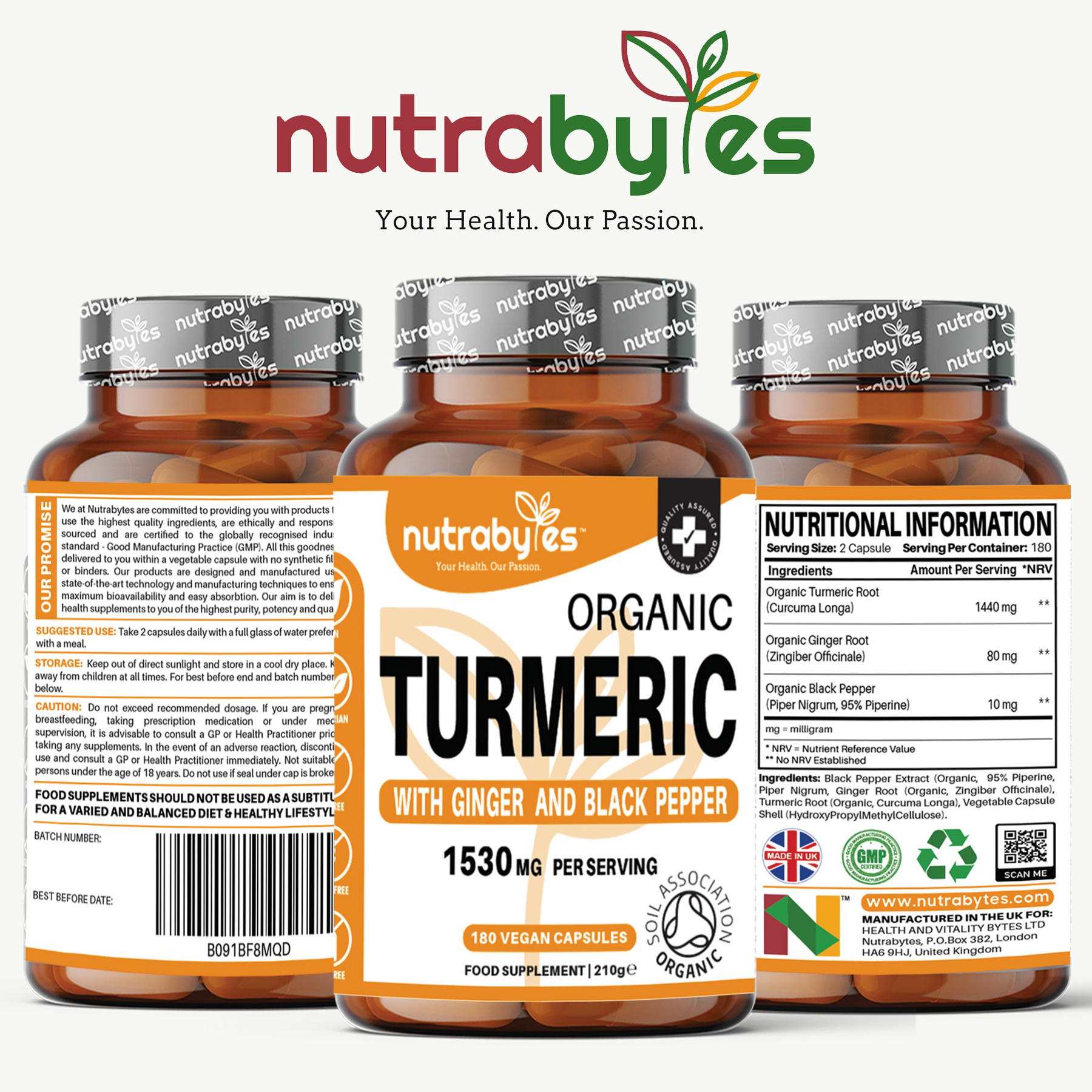Organic Turmeric Curcumin with Ginger & Black-Pepper, 1530mg, Certified Organic by Soil Association | Made in the UK