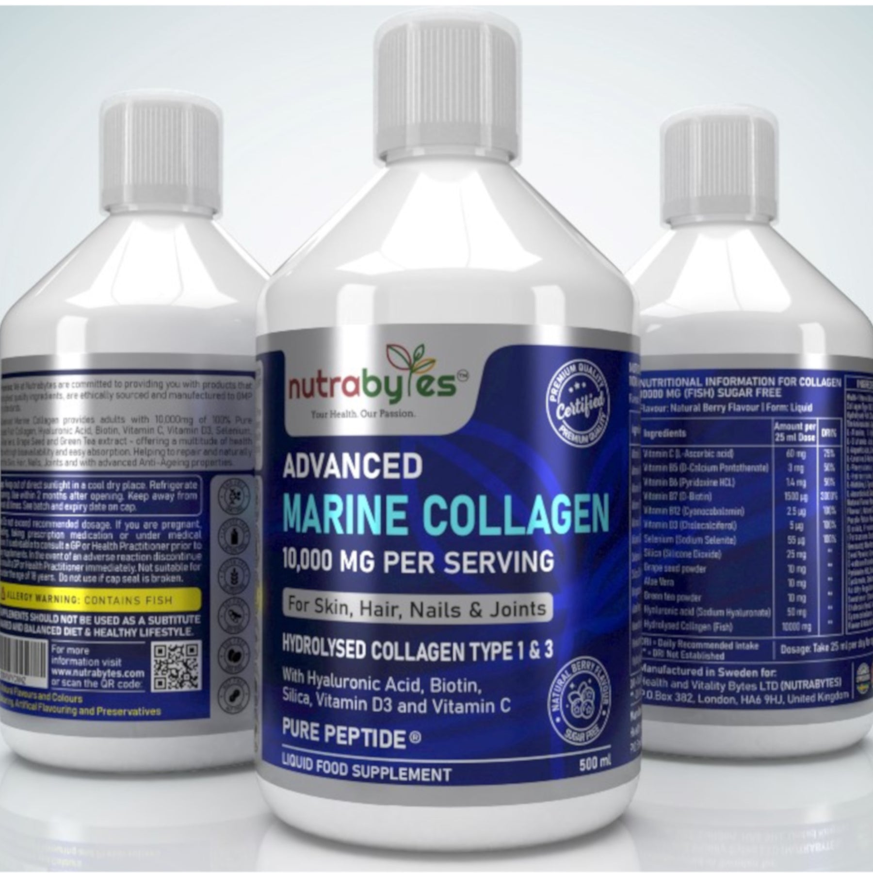 Flüssiges Meereskollagen 10.000 mg mit Hyaluronsäure, Biotin, Kieselerde, Vitamin C und D3, zuckerfrei (Kollagen Typ 1 und 3)