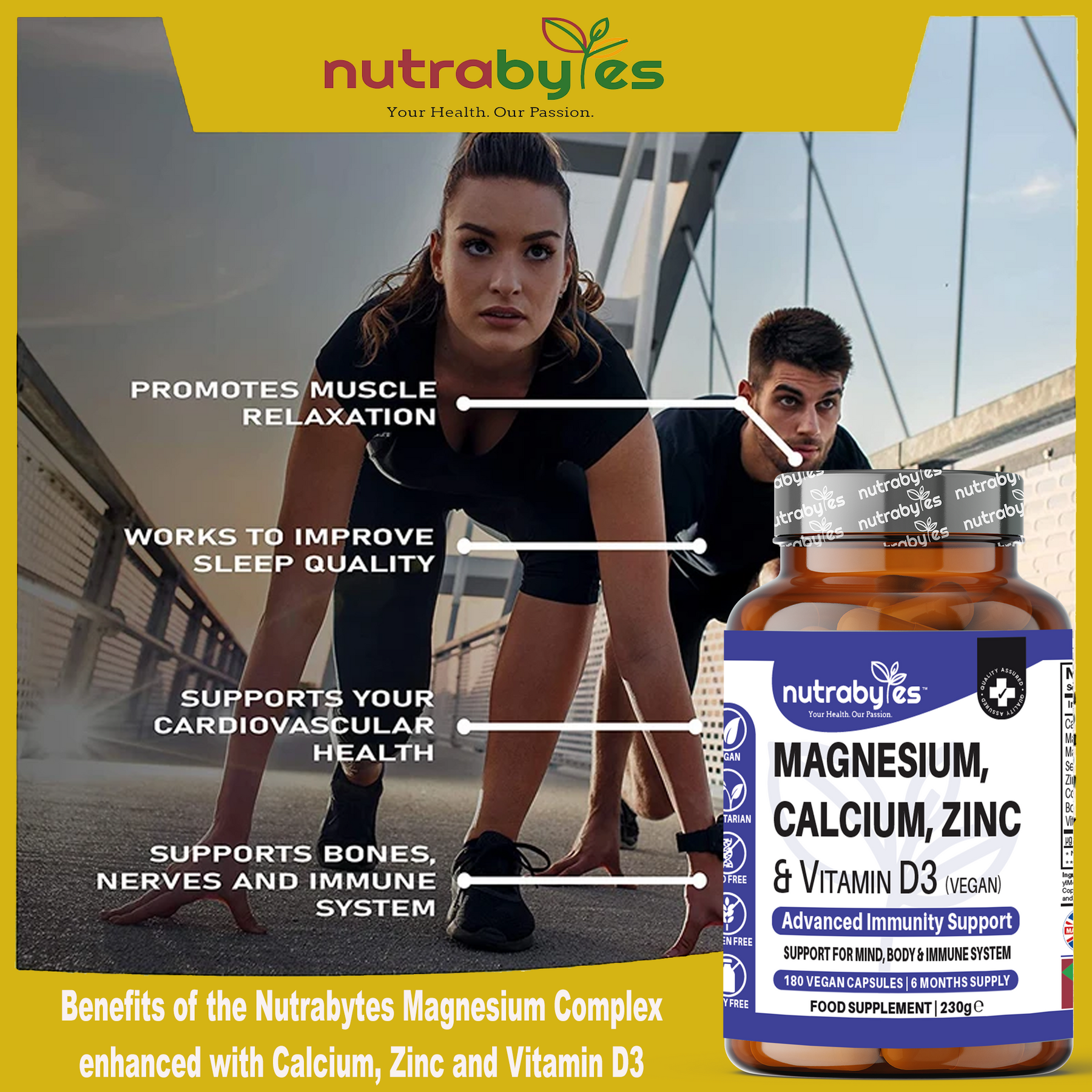 This image shows a couple ready for a race and it also shows the benefits of having Magnesium, Calcium, Zinc & Vitamin D3 (vegan) Supplements.