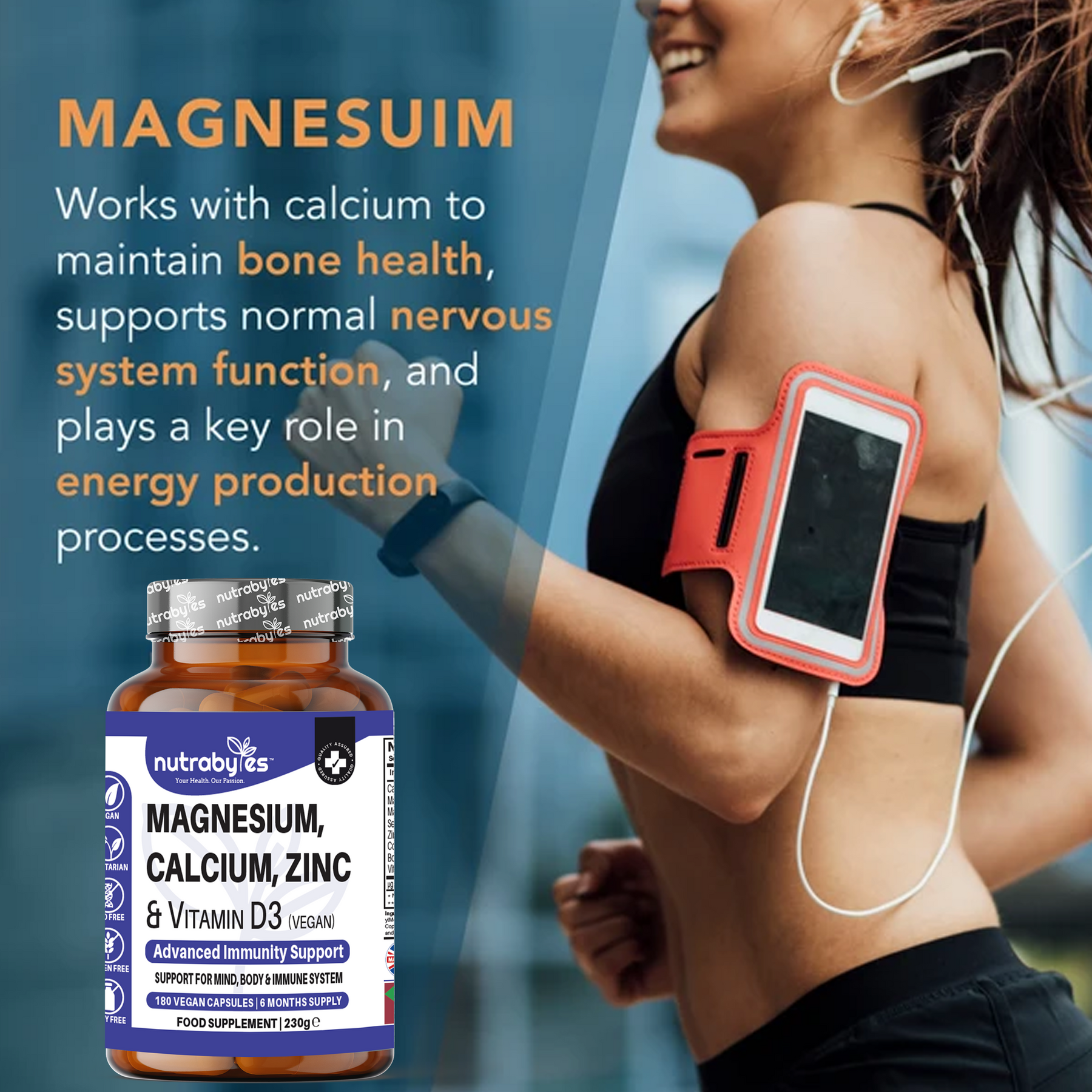 This image shows a track meter tied to the muscle of a lady and a defination of magnesium is given on the image and a bottle magnesium supplements.