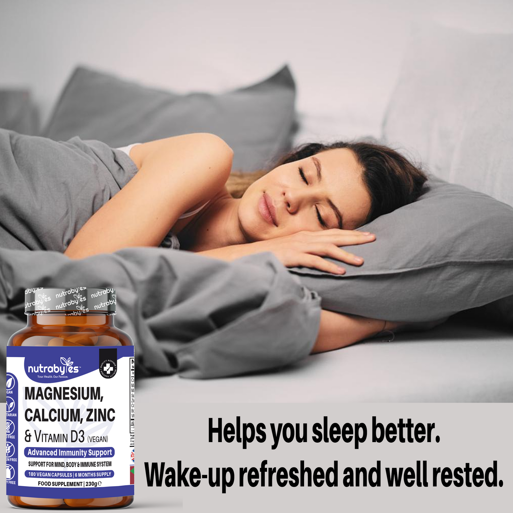 This image shows a lady sleeping  peacefully and a bottle of Magnesium, Calcium, Zinc and Vitamin D3 (vegan) supplements.