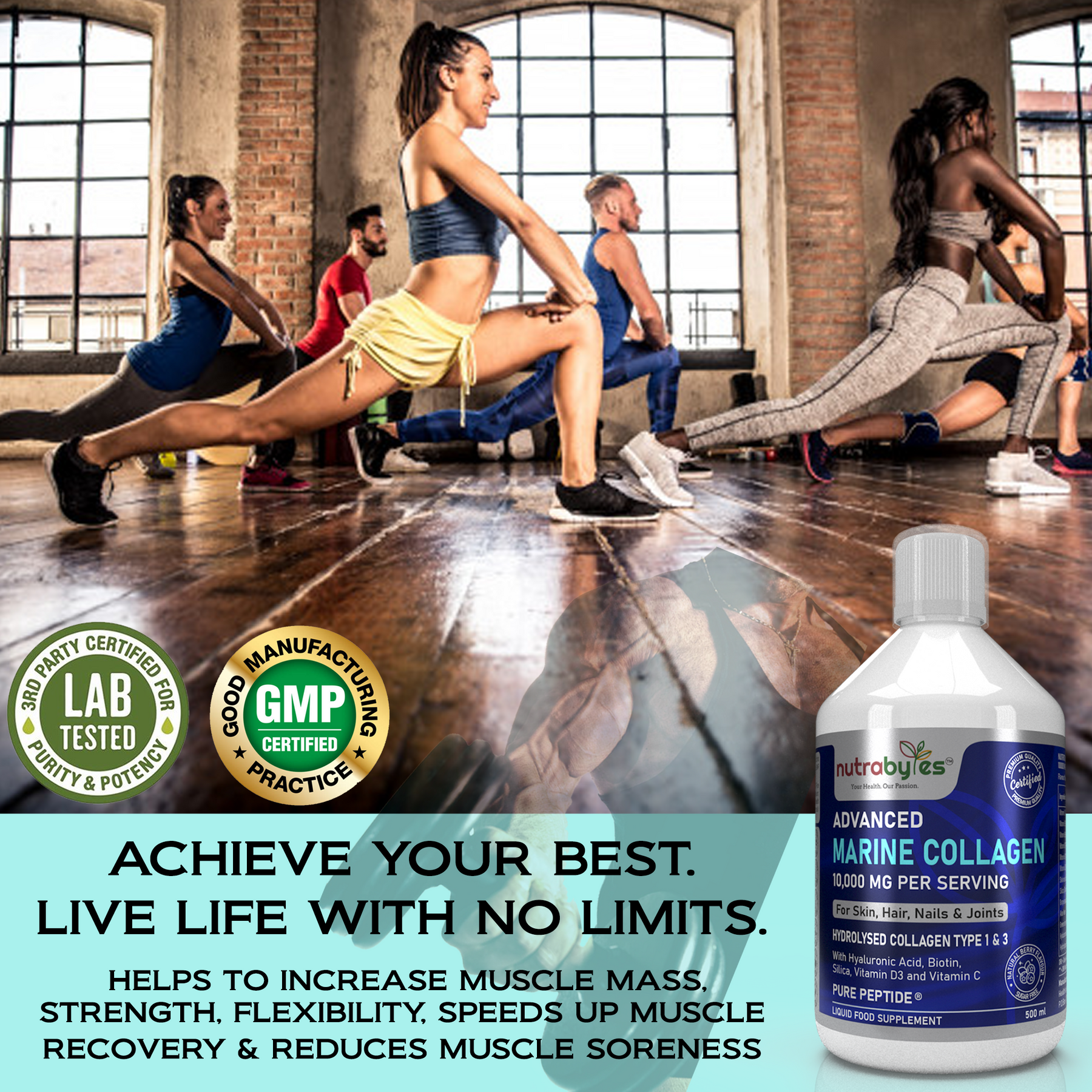 This image shows a group of gym enthusiasts streching and also a plastic bottle containing advacned liquid marine collagen supplements.