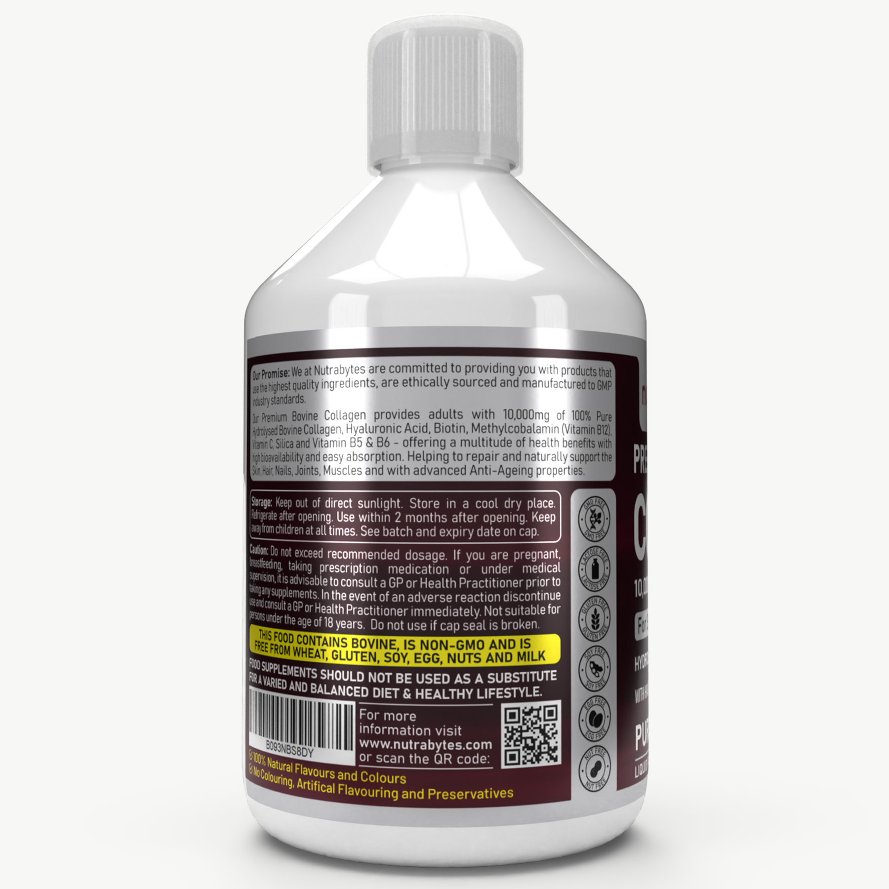 This image shows the back side of the Bovine COllagen Supllements bottle, listing all the features it has in it.