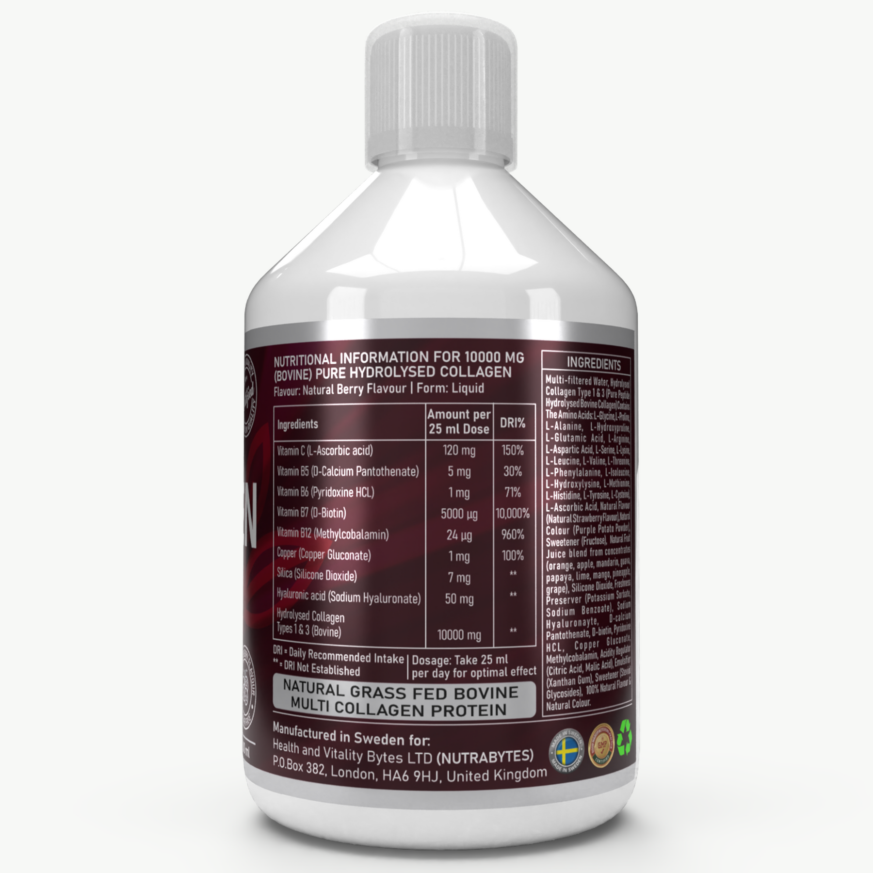This image shows the back side of the Bovine COllagen Supllements bottle, listing all the features it has in it.